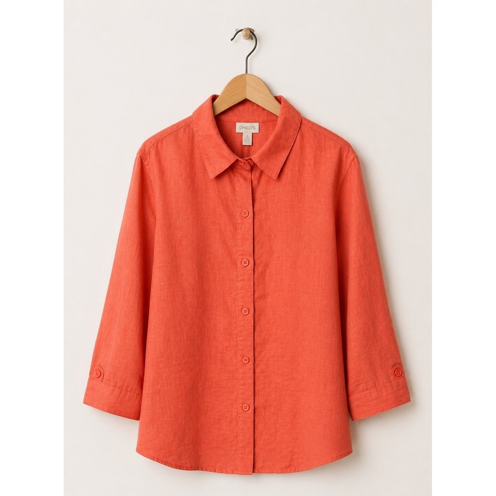 Chico's Linen Button Down Shirt Women Large Orange No Iron‎ Lagenlook Preppy